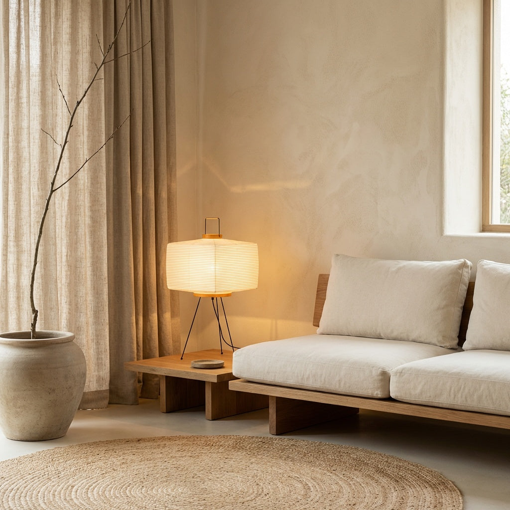 Japandi-style minimalist living room featuring a warm-glowing rice paper table lamp, wooden furniture, and a neutral, organic home decor aesthetic.
