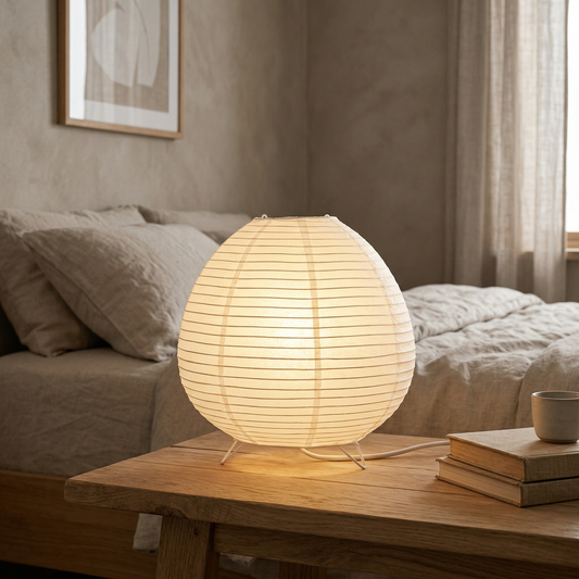 Japandi paper table lamp with a spherical rice paper shade emitting a warm glow on a wooden nightstand in a cozy minimalist bedroom.