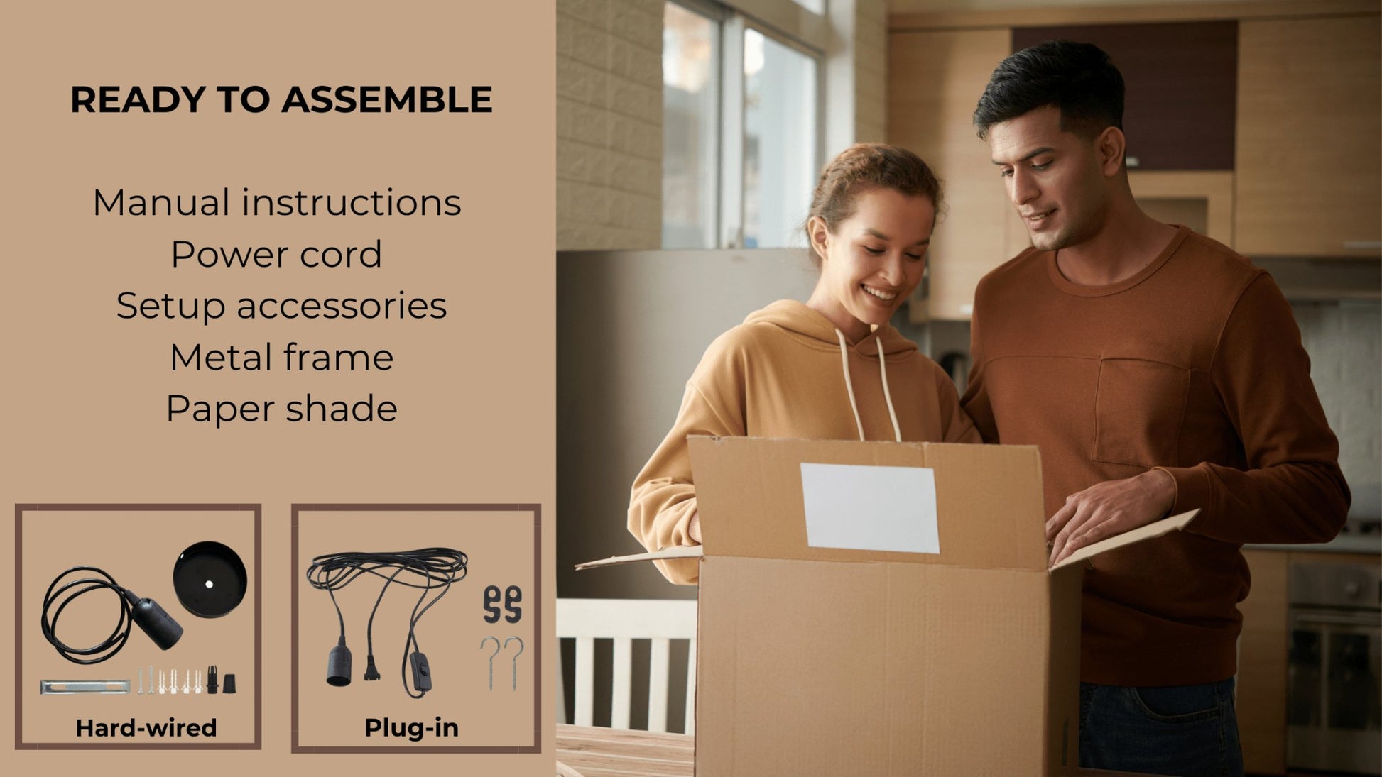 Japandi rice paper globe pendant lantern box with ready-to-assemble instructions for hardwired or plug-in setup