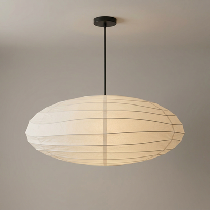 Oval ribbed rice paper pendant lamp for modern or zen-inspired home decor, featuring a minimalist hanging design.