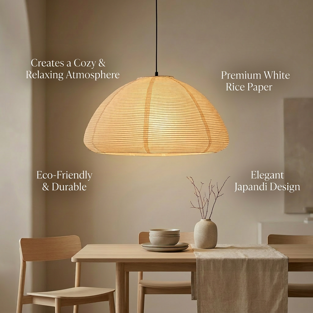 Japanese-Scandinavian fusion design pendant lamp with white rice paper shade providing ambient lighting in cozy home setting.