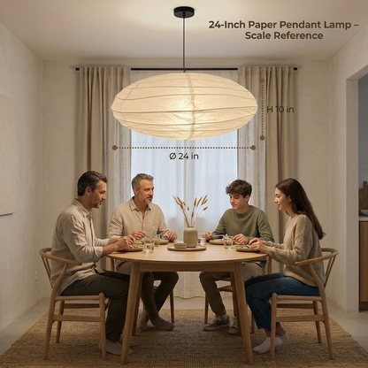 Japanese-inspired globe rice paper pendant lamp hanging over a round dining table in a cozy room setting, casting a warm ambient glow.