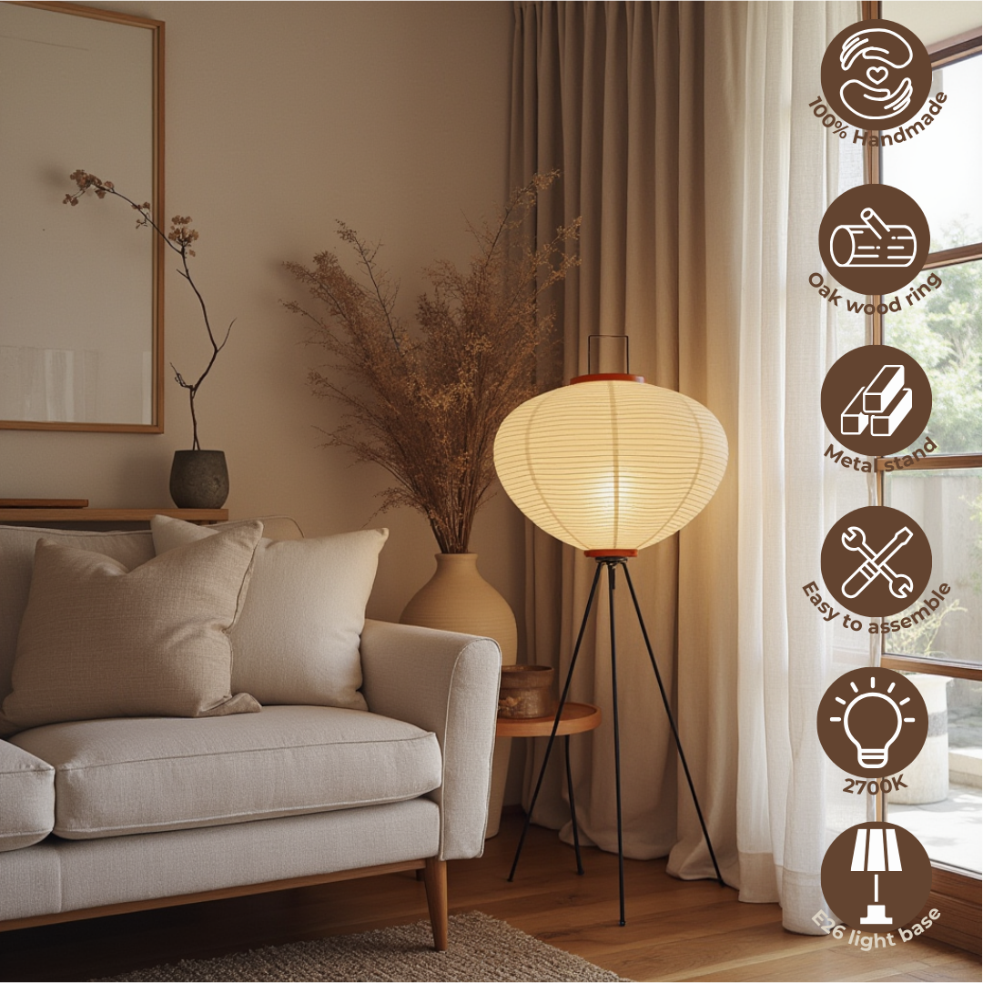 Japanese floor lamp with rice paper shade and wooden ring detail