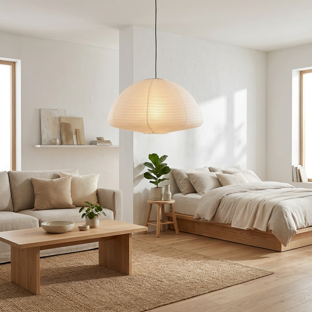 Japanese-inspired rice paper pendant light with soft organic glow hanging in modern minimalist bedroom and living room featuring natural wood furniture and neutral decor