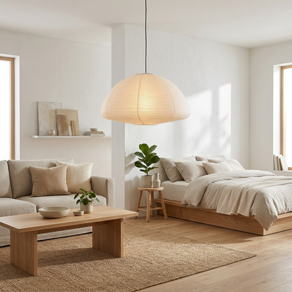 Japanese-inspired rice paper pendant light with soft organic glow hanging in modern minimalist bedroom and living room featuring natural wood furniture and neutral decor
