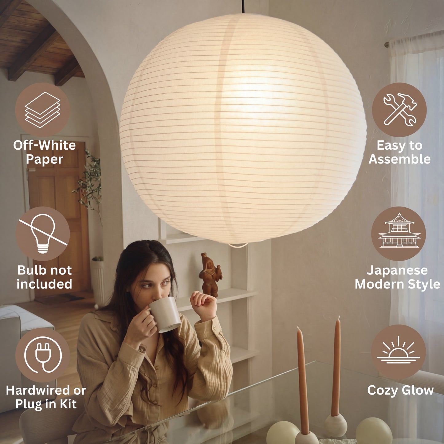 Off-white paper pendant light in a Japanese modern setting, demonstrating easy assembly and versatile installation.