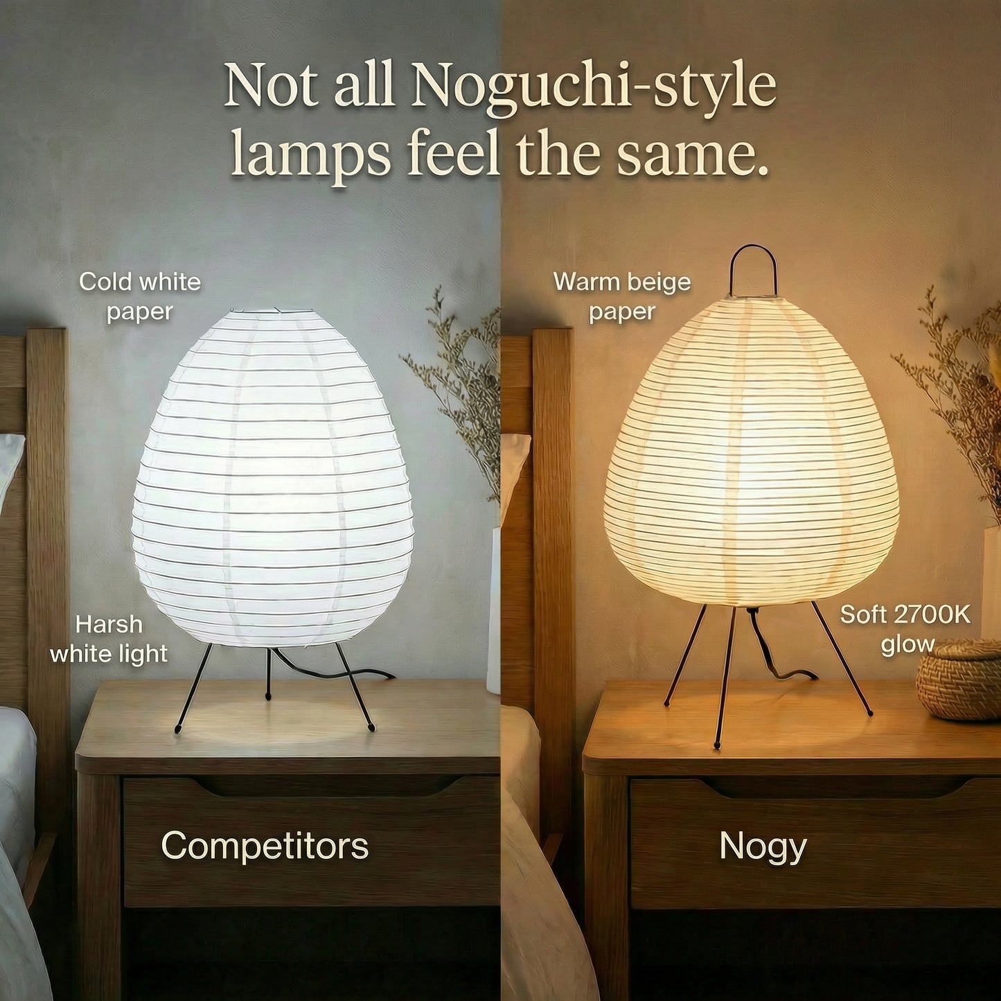 Comparison showing soft warm light from Japanese paper lamp versus harsh lighting
