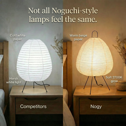 Comparison showing soft warm light from Japanese paper lamp versus harsh lighting
