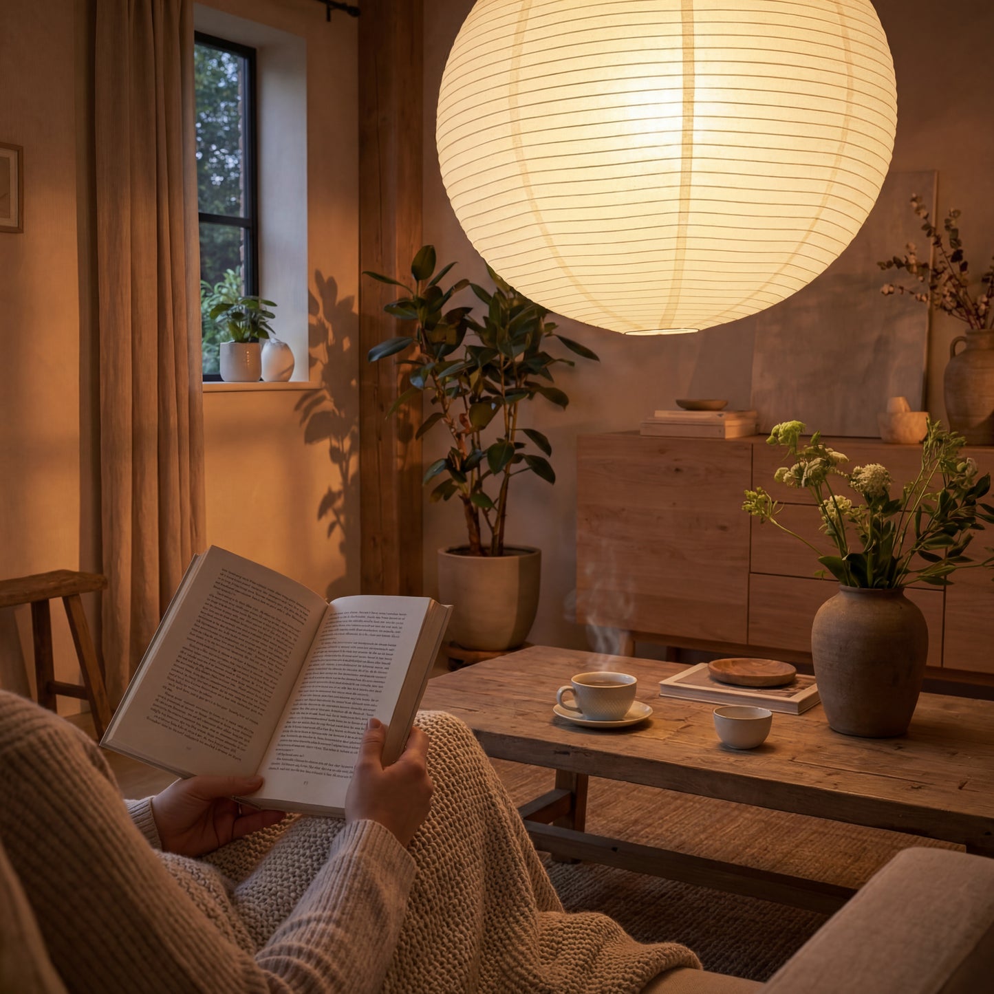Japanese rice paper lantern illuminating a cozy living room reading nook with warm ambient light and indoor plants.
