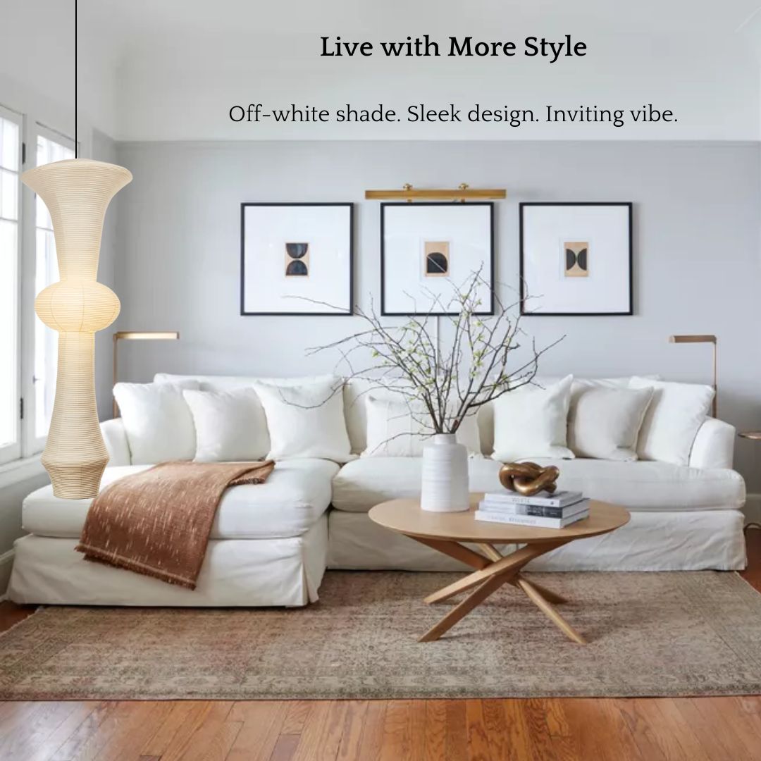 Sleek Japanese paper lantern with an off-white shade and elegant design, enhancing a modern living room with an inviting vibe and minimalist decor. Perfect for creating a warm, stylish ambiance
