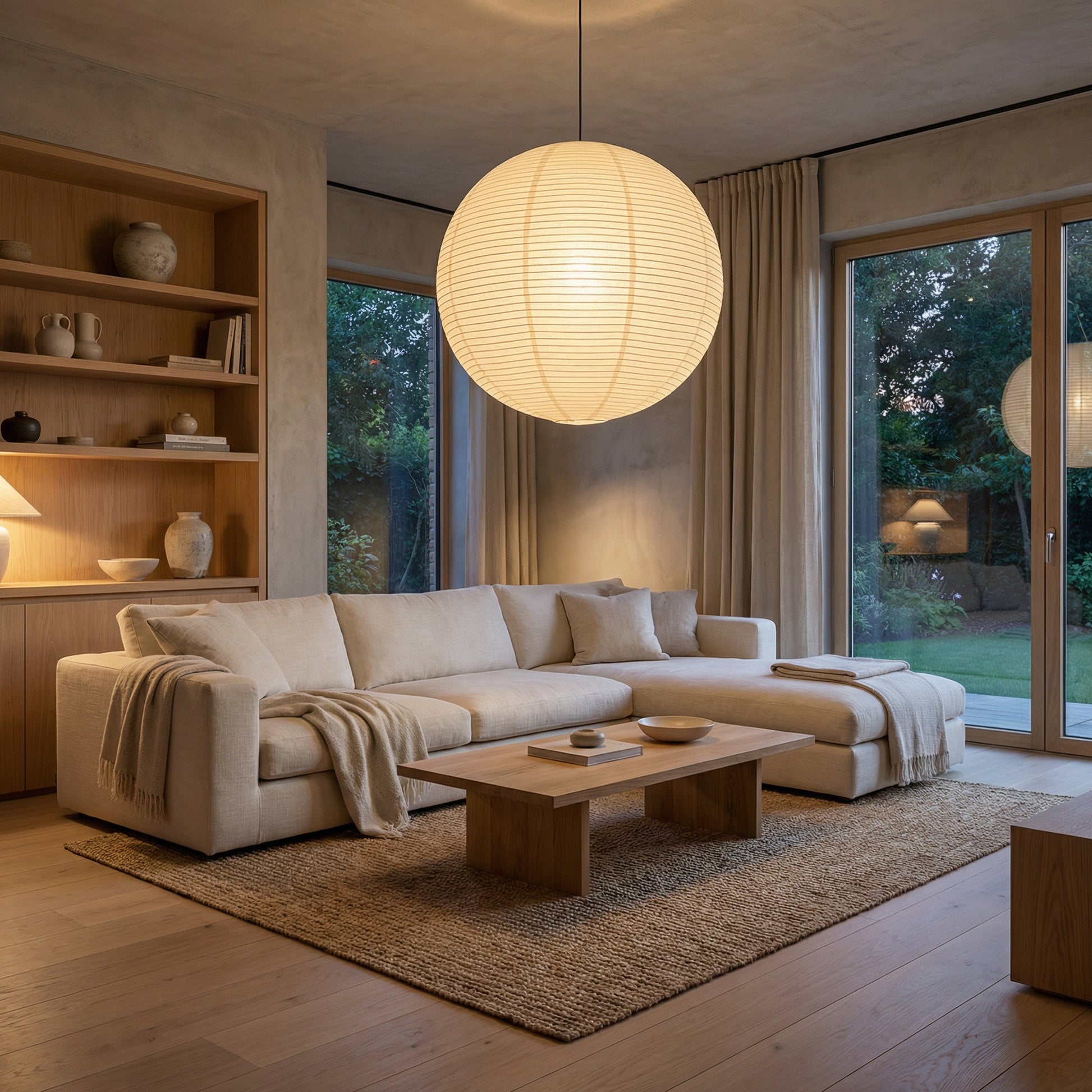 Japanese paper lantern hanging over a wooden coffee table in a cozy living room with a lush garden view.