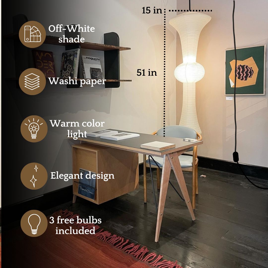 Off-white Japanese paper pendant light with warm glow and adjustable hanging height from 15 to 51 inches for a modern workspace