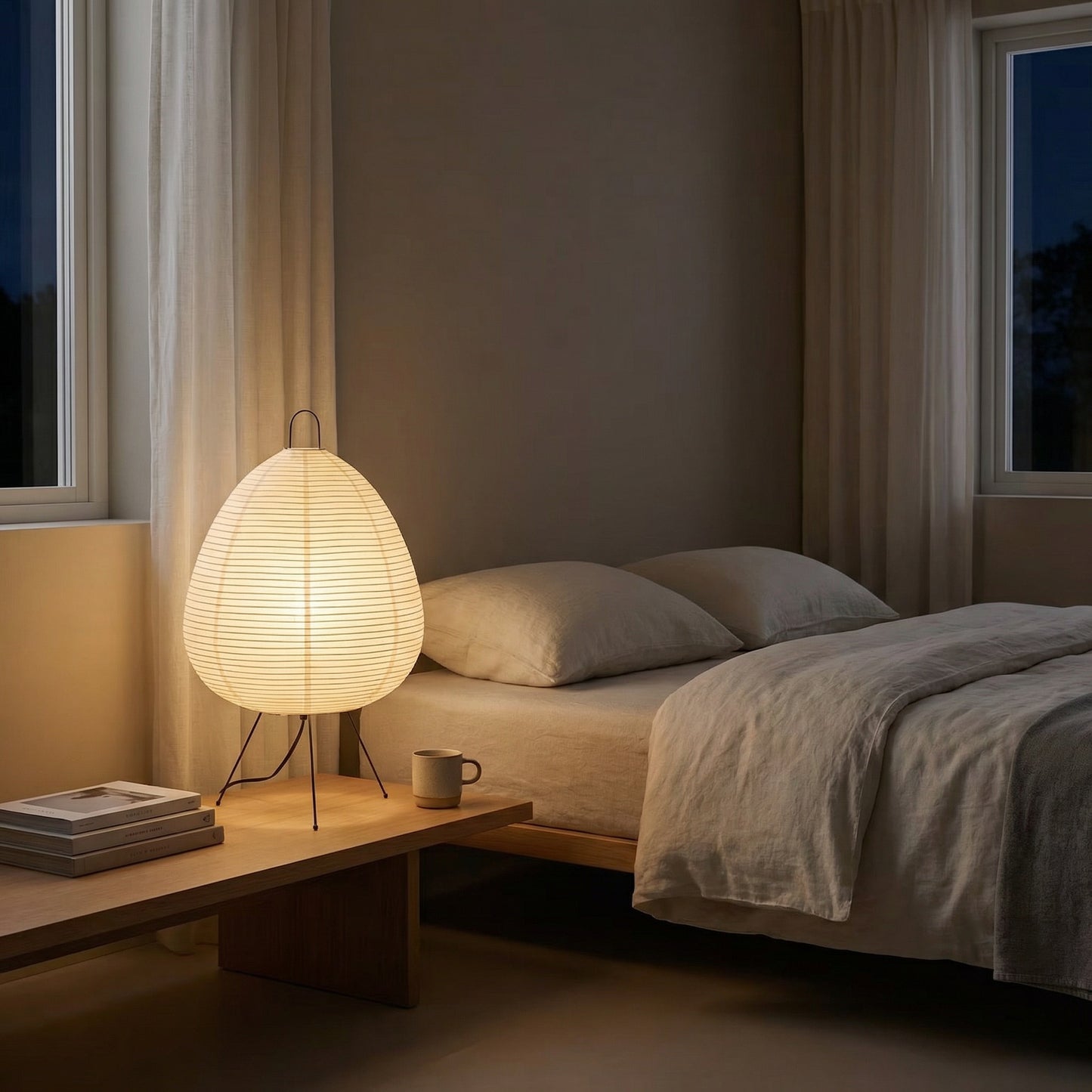 Japanese paper table lamp used as soft bedroom nightstand lighting
