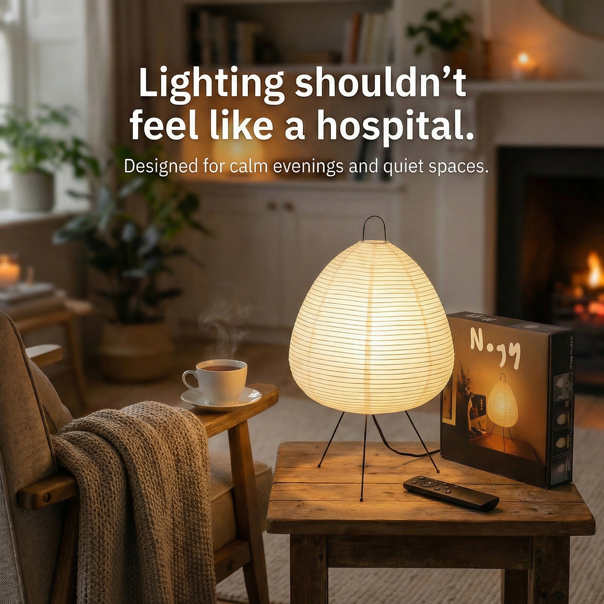 Japanese paper table lamp creating a cozy ambient glow in living room
