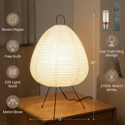 Japanese paper table lamp showing dimensions, materials and lighting features