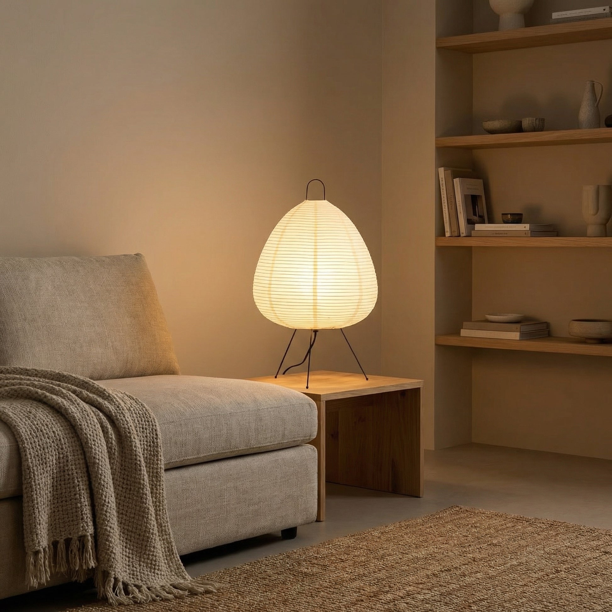 Japanese paper table lamp illuminating a calm reading corner
