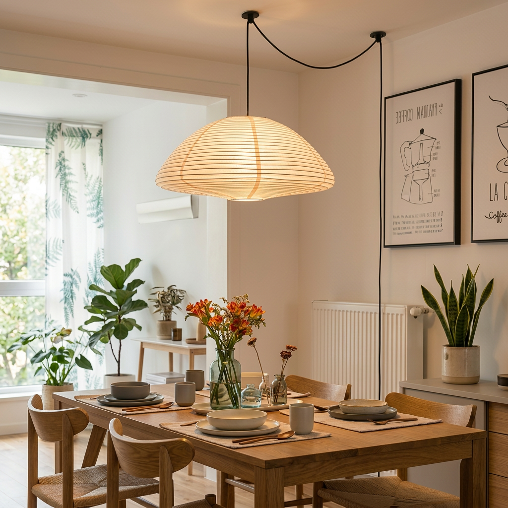 Japanese rice paper pendant light hanging over a wooden dining table.