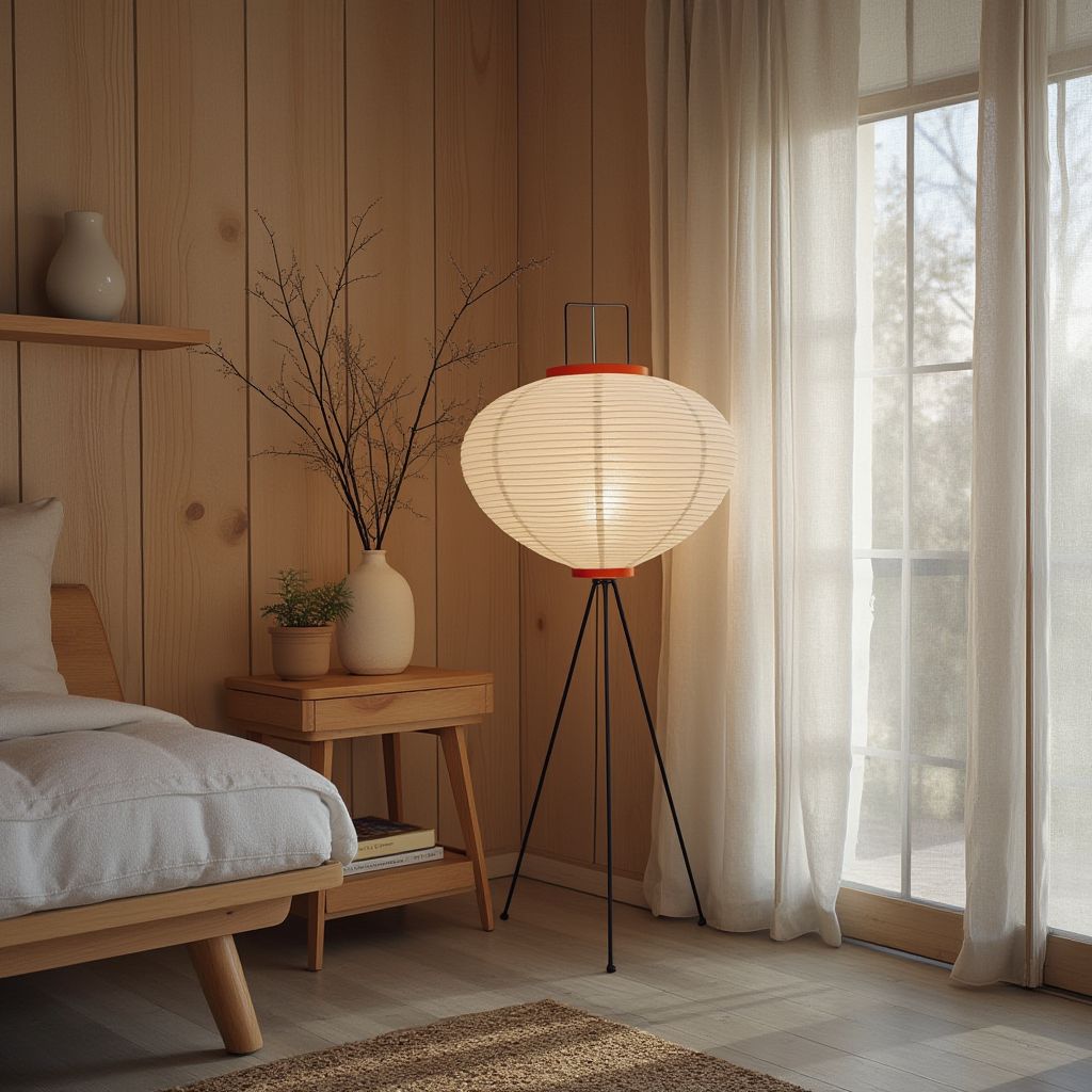 Japanese rice paper floor lamp used as soft bedroom lighting
