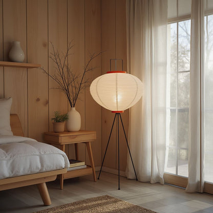 Japanese rice paper floor lamp used as soft bedroom lighting