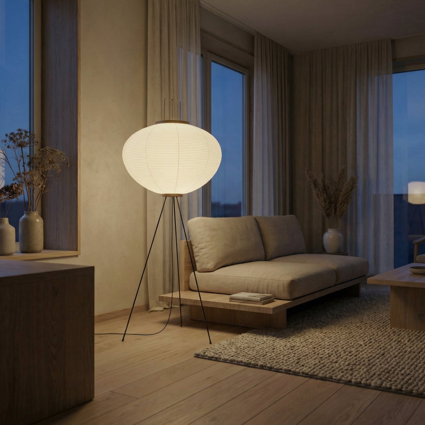 Japanese rice paper tripod floor lamp used as ambient living room lighting