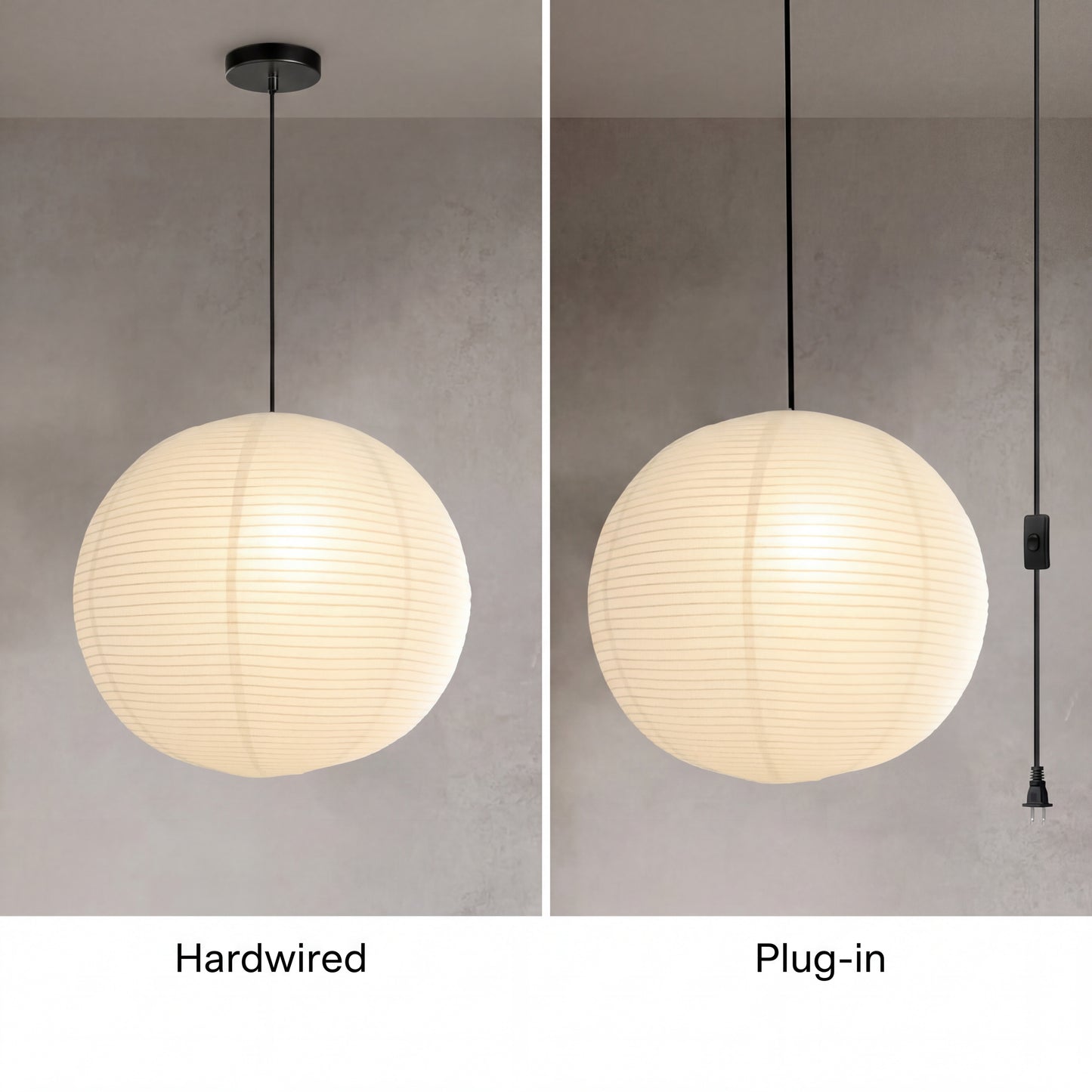 Japanese rice paper lantern shown in hardwired and plug-in installation options