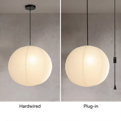 Japanese rice paper lantern shown in hardwired and plug-in installation options