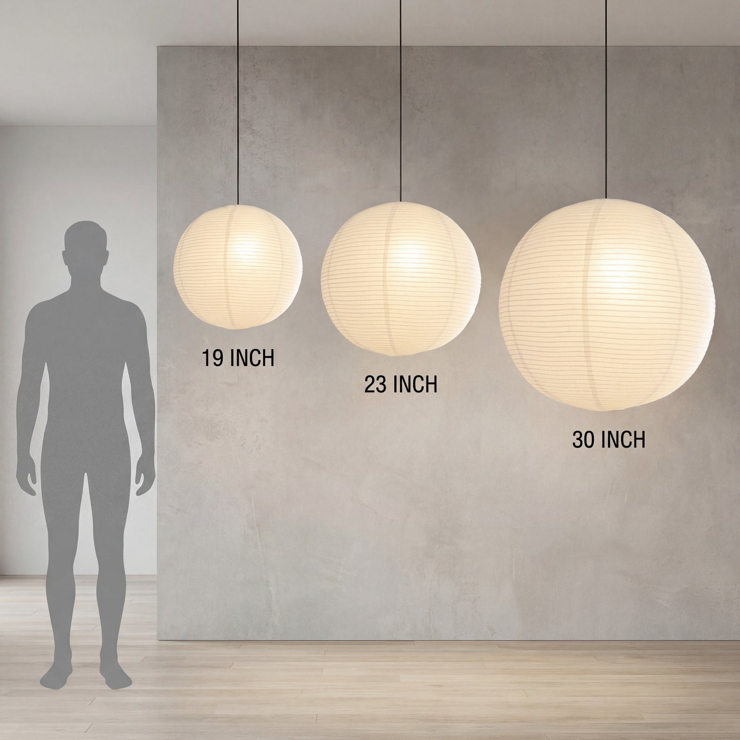 Japanese rice paper lantern size guide comparing the 19 inch, 23 inch, and 30 inch spherical pendant lights.