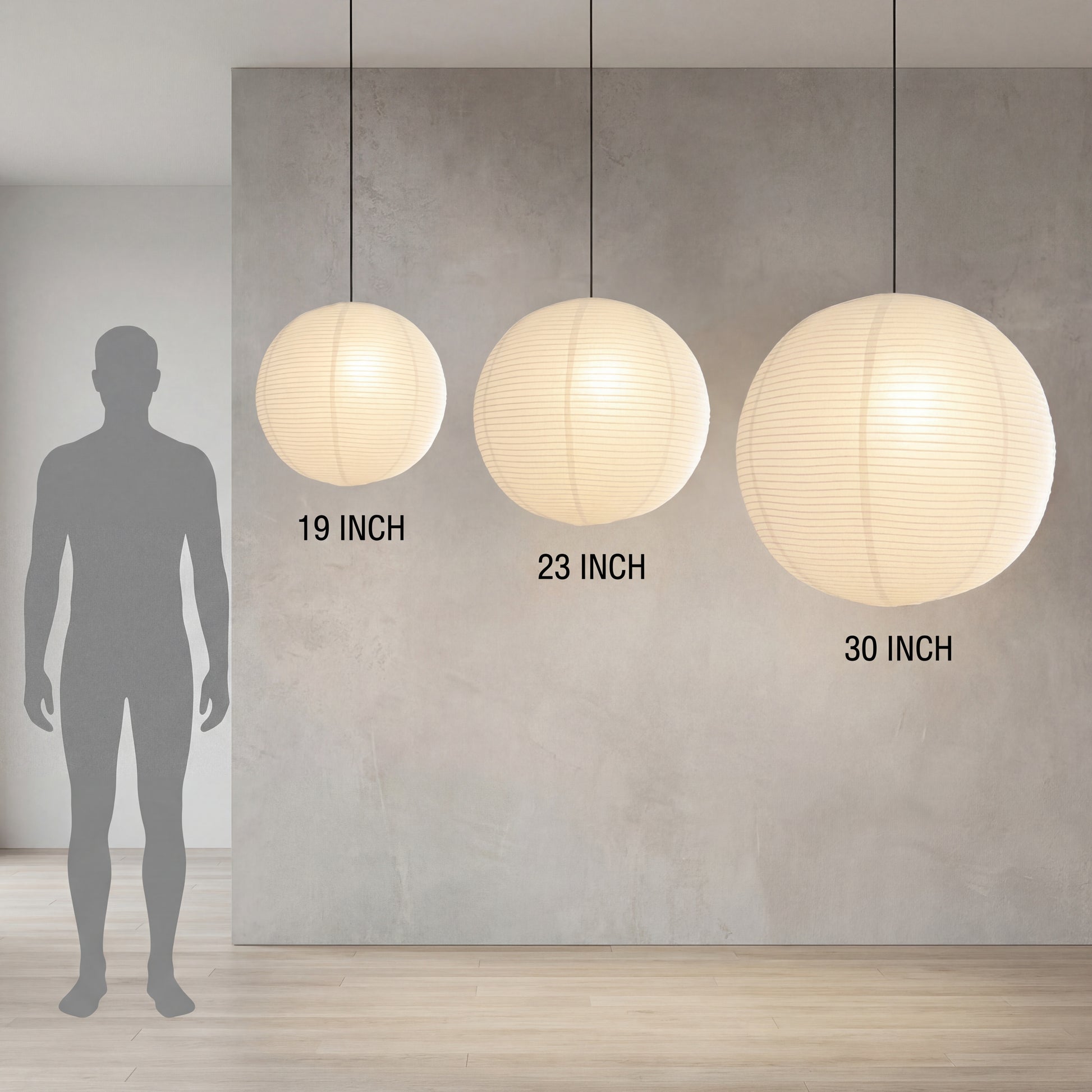 Japanese rice paper lantern size guide comparing the 19 inch, 23 inch, and 30 inch spherical pendant lights.