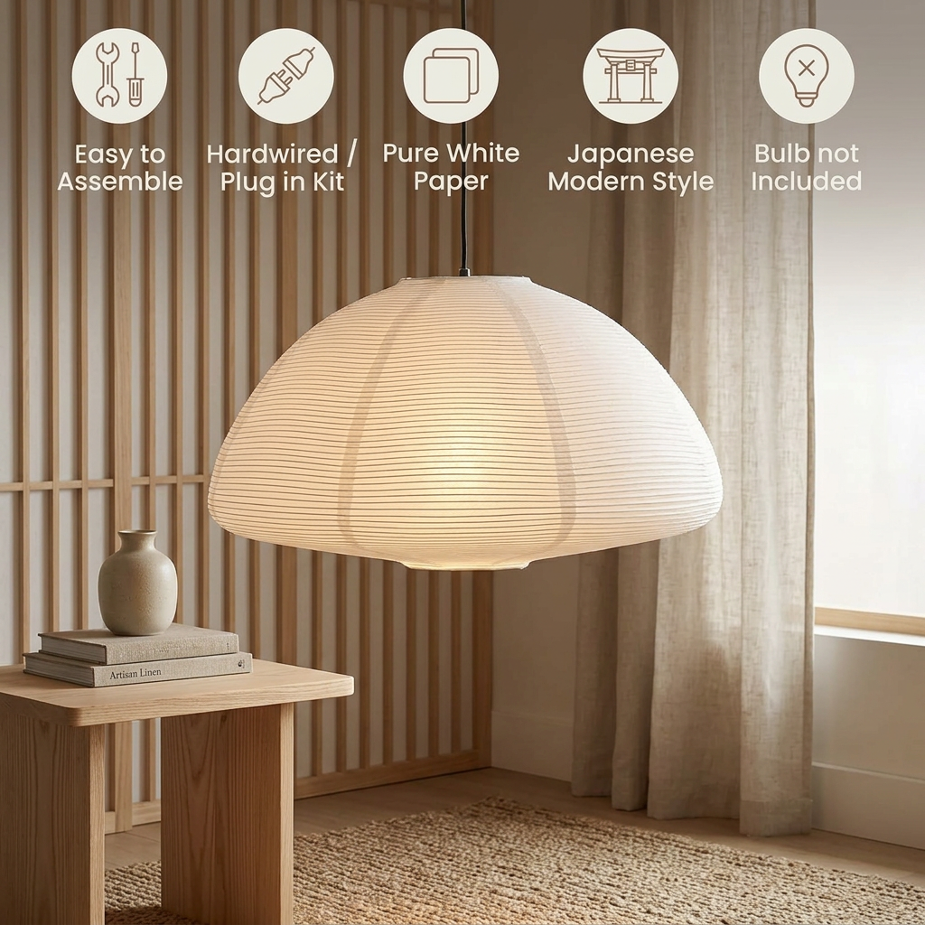 Infographic showing key features of the Japanese rice paper pendant light: easy assembly, hardwired or plug-in options, and modern minimalist style.