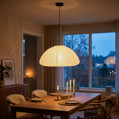 Japanese-inspired rice paper pendant light casting warm glow over cozy dining room with wooden table, candles, and fur-covered chairs during evening