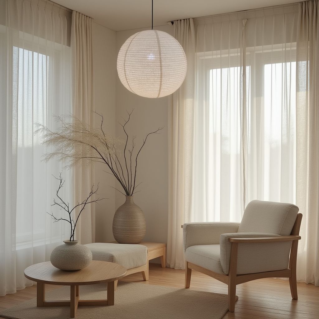 Japanese Style Lantern - Off White Round Linen Pendant - Linen Pendant - NOGY