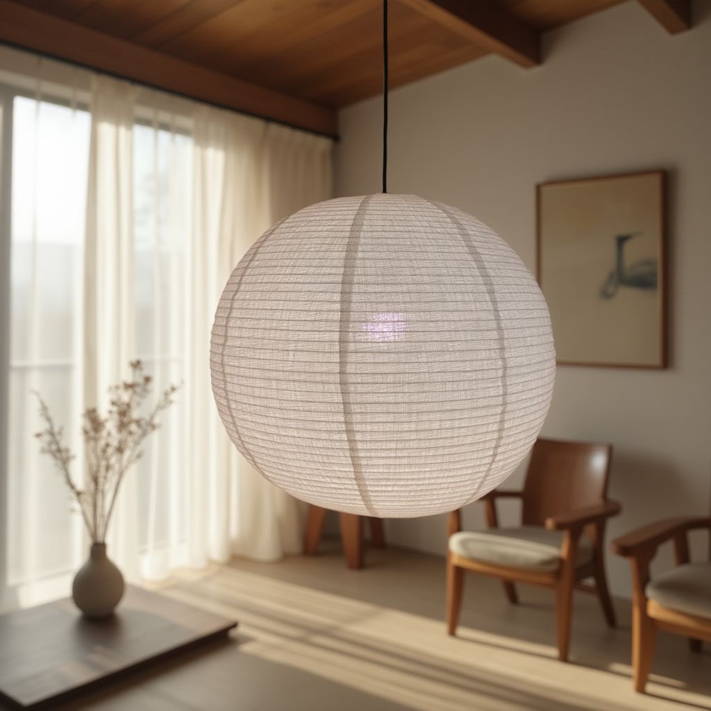 Japanese Style Lantern - Off White Round Linen Pendant - Linen Pendant - NOGY