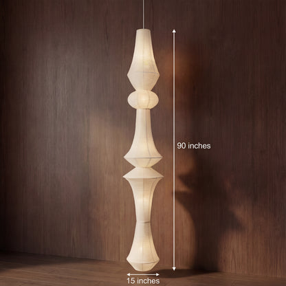 A large 90-inch sculptural pendant light for high ceilings, featuring a height and width measurement diagram.