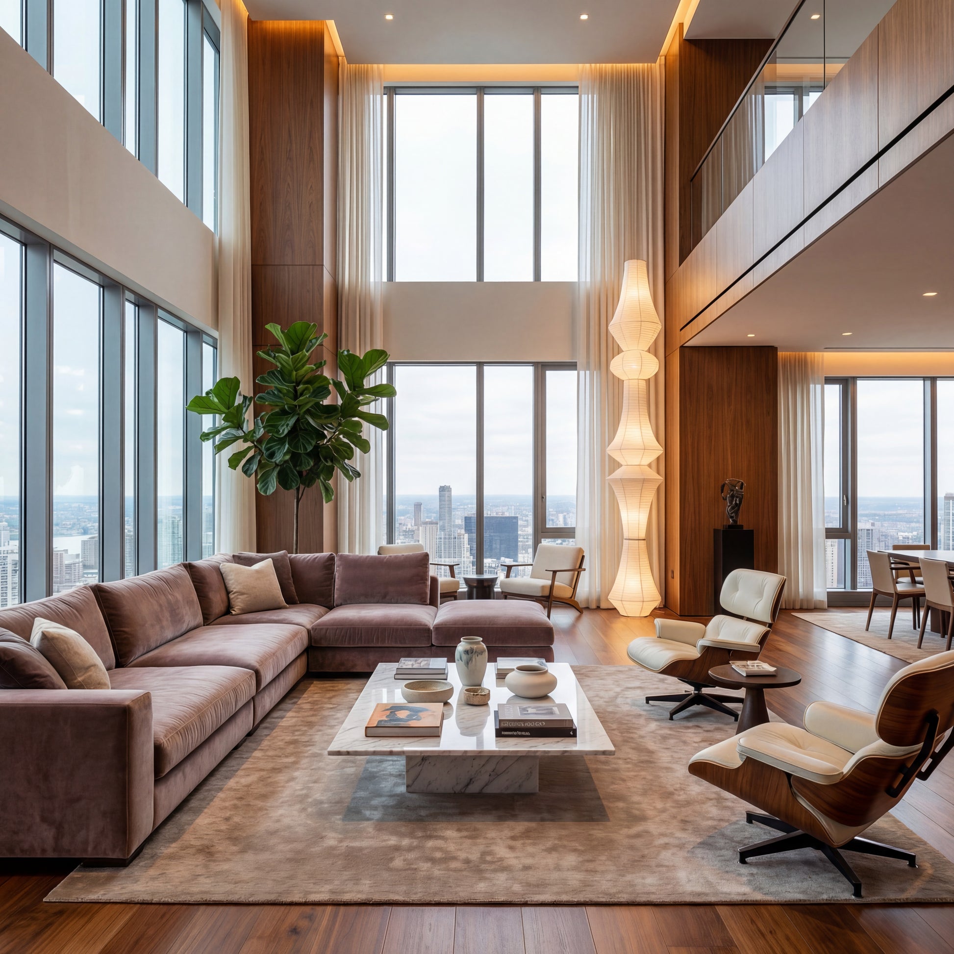 Soft ambient glow of a tall, artisan paper lamp adds warmth to a sophisticated, large-scale contemporary living space with wood accents.