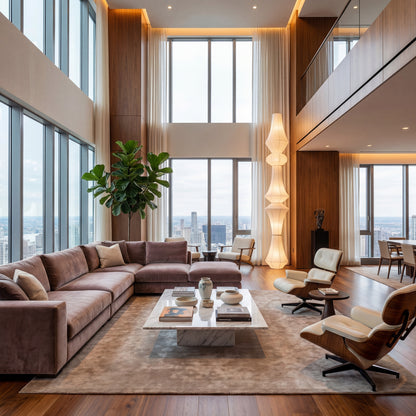 Soft ambient glow of a tall, artisan paper lamp adds warmth to a sophisticated, large-scale contemporary living space with wood accents.