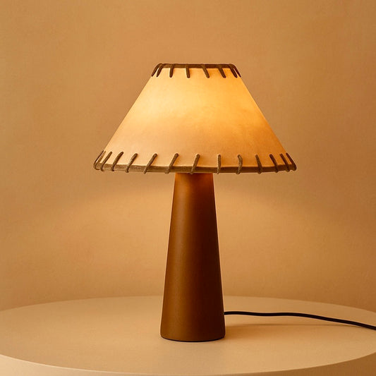 Nogy Handcrafted Japandi Table Lamp – Wood + Leather Style Shade, Linen & Natural Parchment Shade - NOGY