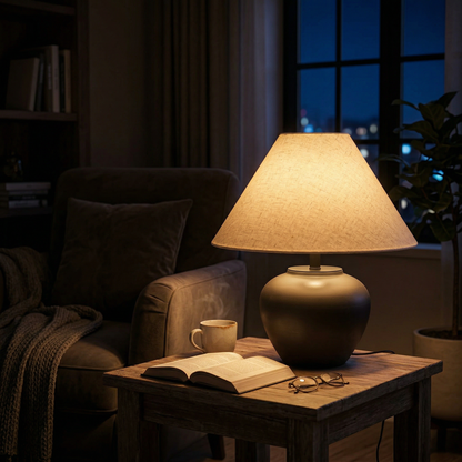 Minimalist ceramic table lamp with rounded black base and warm linen shade glowing beside an open book at night