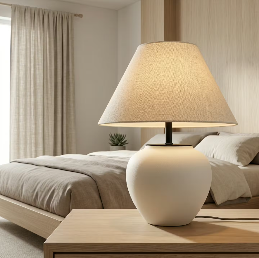 Minimalist ceramic table lamp with white rounded base and linen shade in a bright Scandinavian bedroom