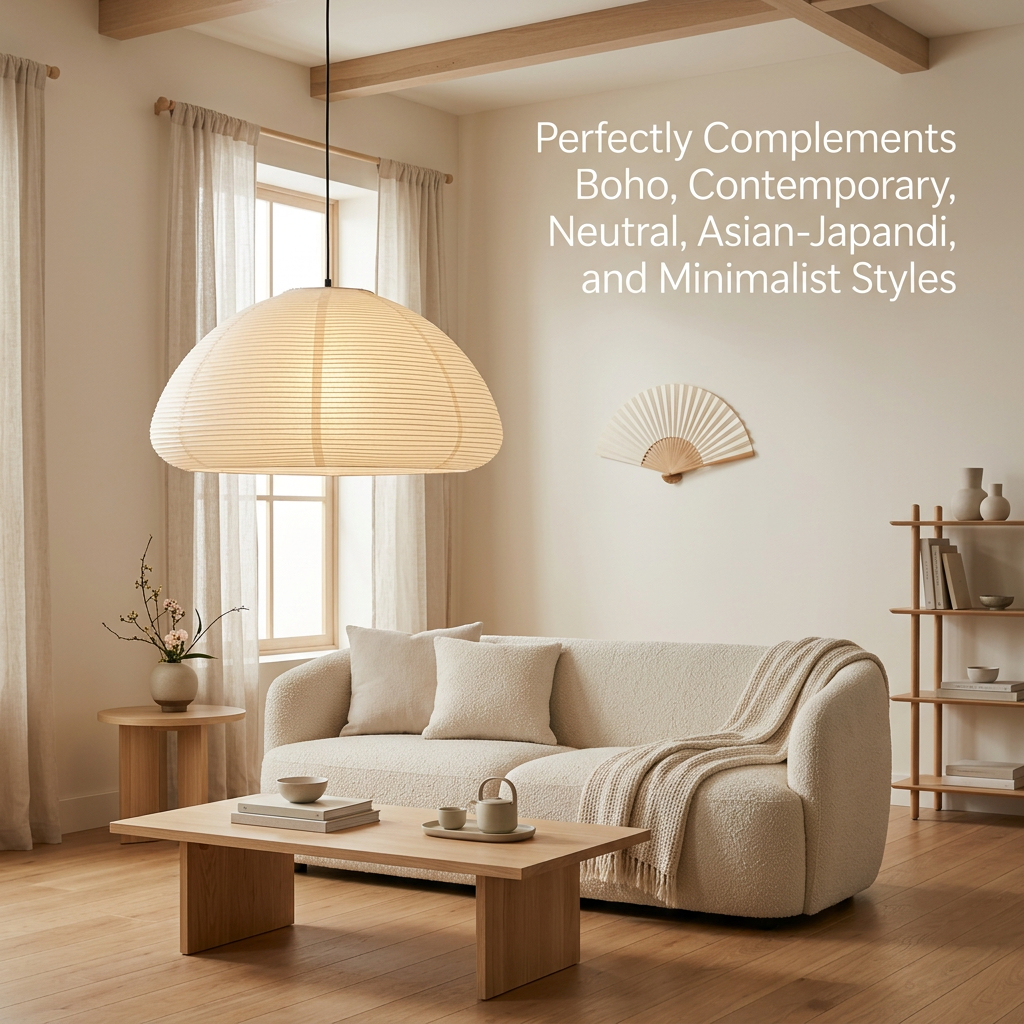 Minimalist Japandi living room with neutral tones featuring a large paper pendant light, cozy textured sofa, wooden coffee table, and simple decor.