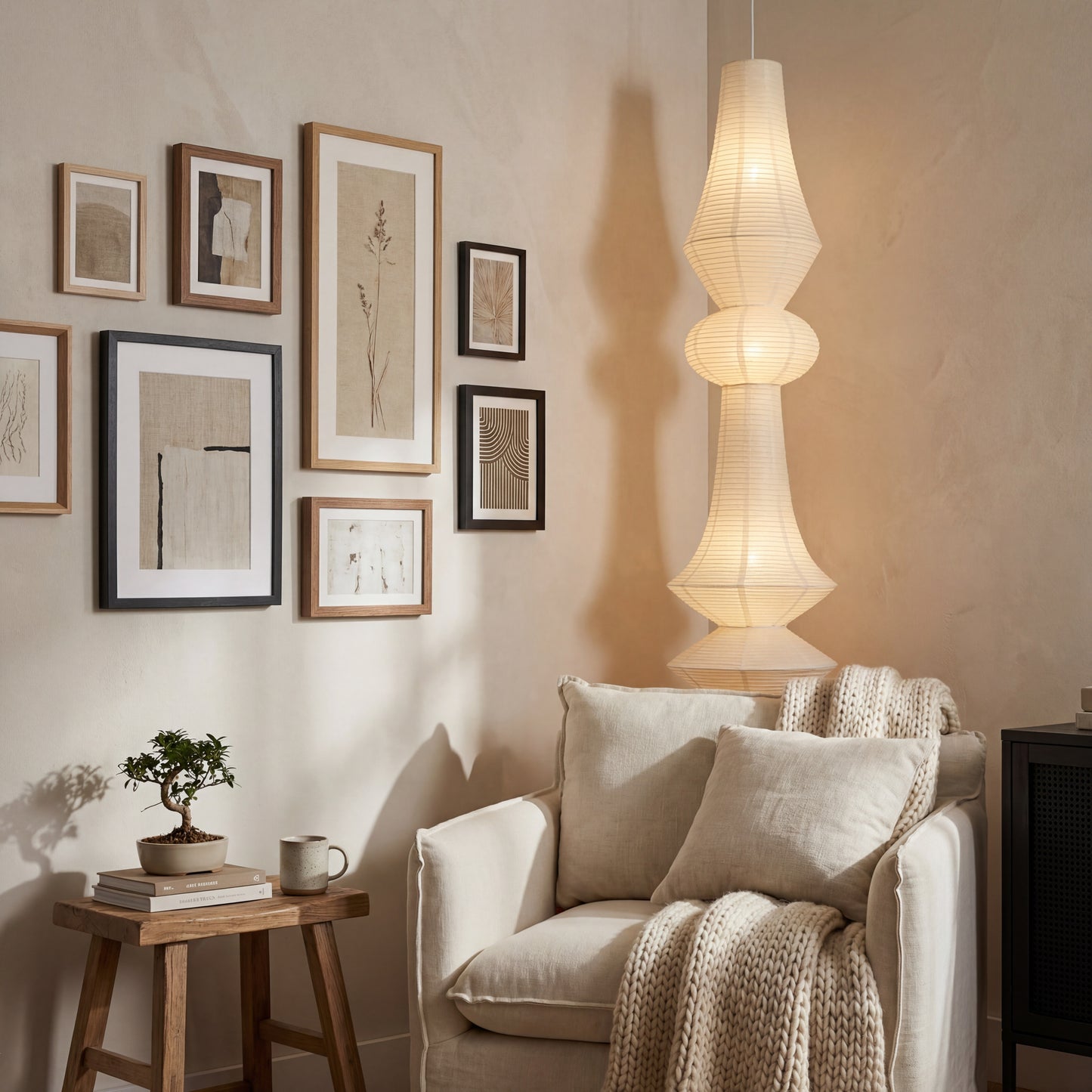 Cozy reading corner featuring a warm, glowing sculptural paper pendant light, soft cream-colored armchair, and gallery wall, perfect for Japandi home decor.
