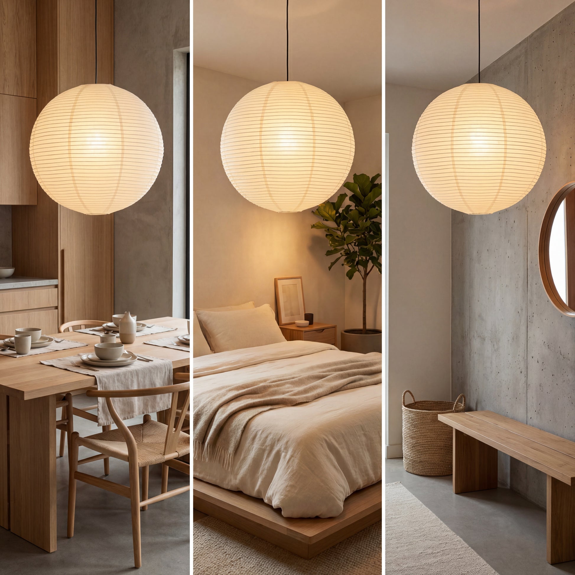 Minimalist paper pendant light hanging in three modern rooms including a dining space and cozy bedroom.