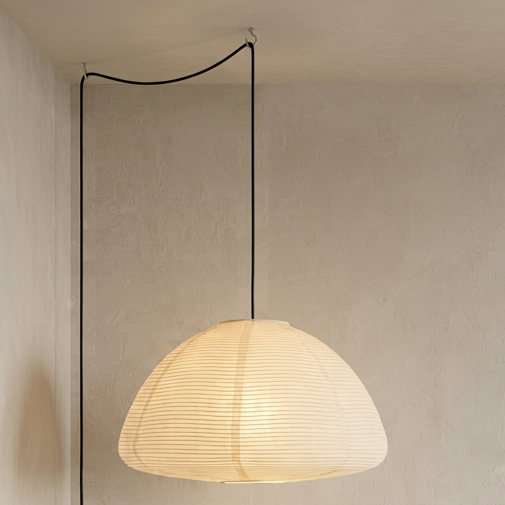 Elegant Japanese rice paper pendant light with metal ribbing and soft white paper shades, providing warm ambient lighting.
