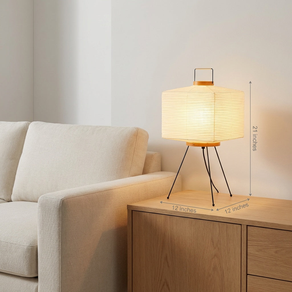 Modern Japanese square floor lamp with a rice paper shade showcasing its dimensions and casting a warm, soft ambient glow.