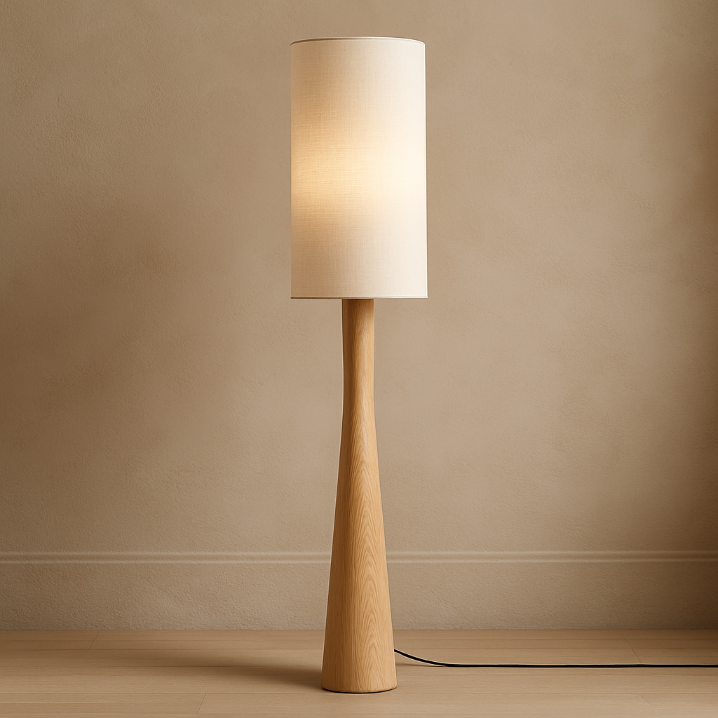 Nogy Japandi Linen Shade Floor Lamp with Wood Grain Base Minimalist Wrought Iron Design • 68in tall