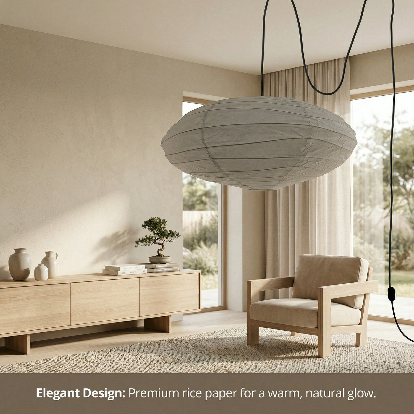 premium rice paper pendant lamp hanging in a modern minimalist living room, providing an elegant, warm natural glow 