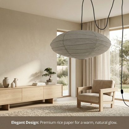 premium rice paper pendant lamp hanging in a modern minimalist living room, providing an elegant, warm natural glow 