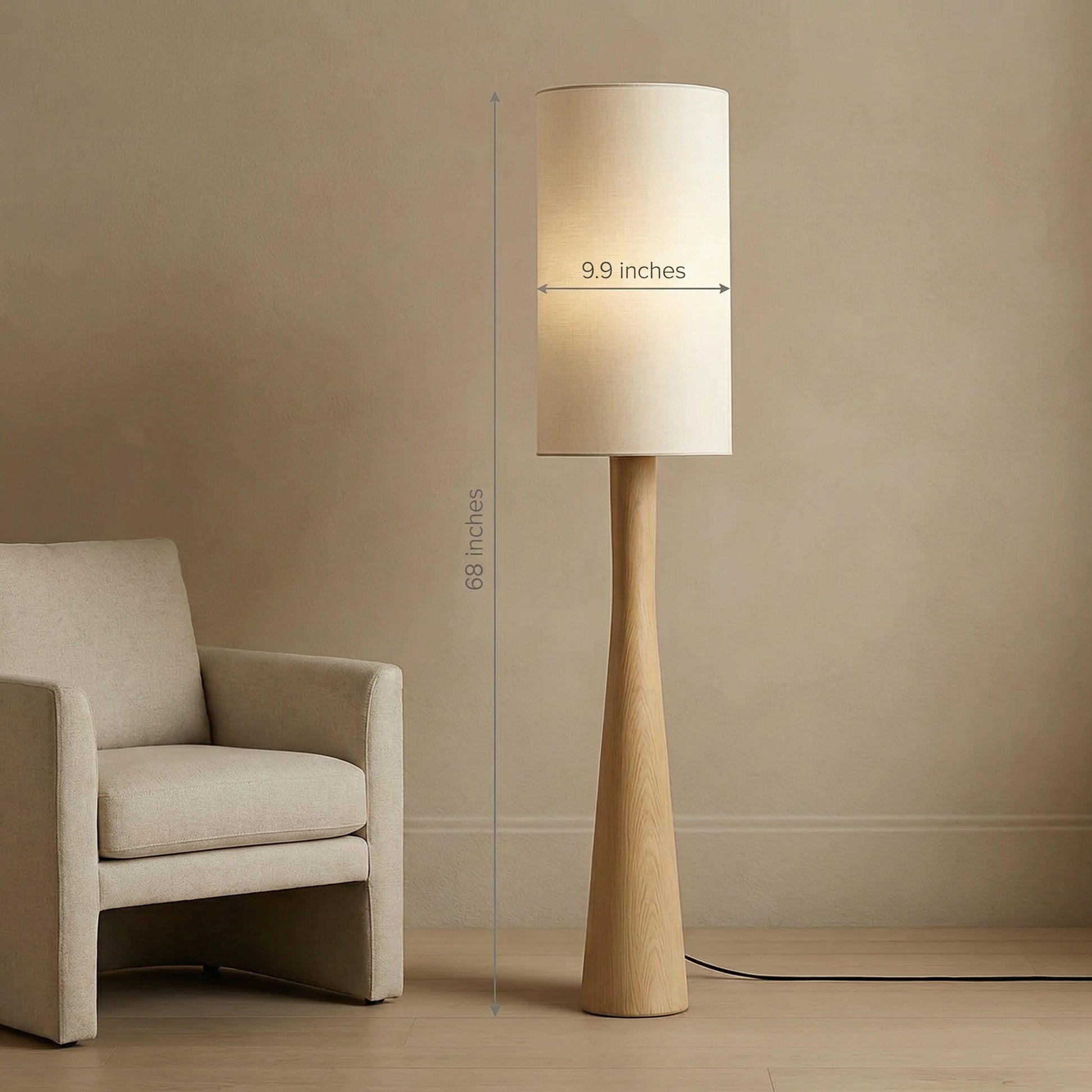 Floor lamp size guide showing a total height of 68 inches and a shade width of 9.9 inches, perfect for checking fit in small or large living spaces.