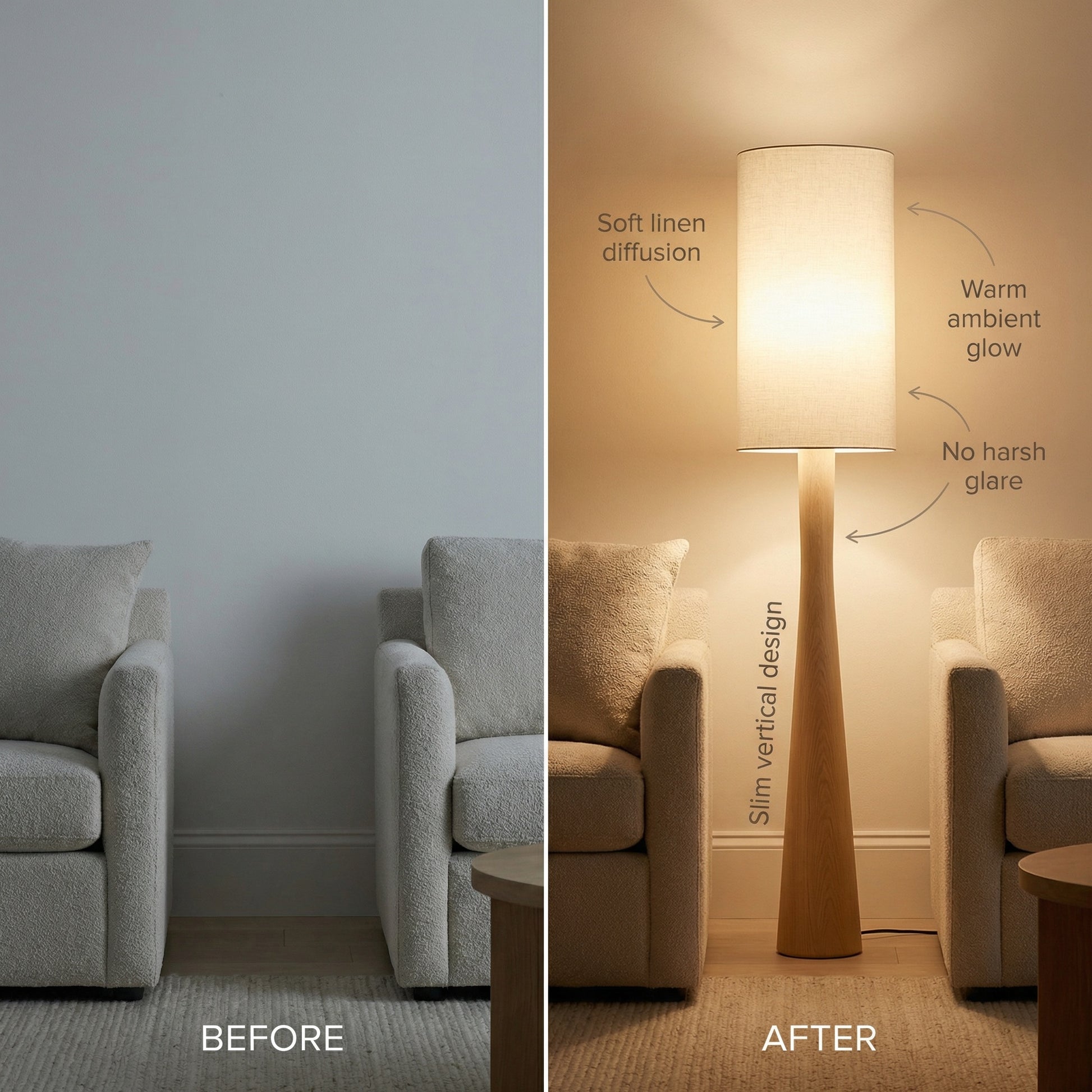 Before and after comparison of living room corner showing a modern wood floor lamp with a linen shade adding warm, soft ambient light.