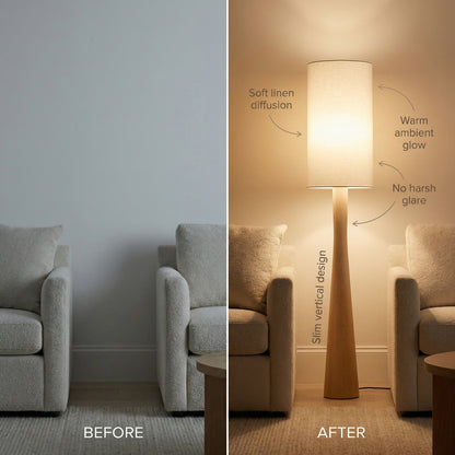 Before and after comparison of living room corner showing a modern wood floor lamp with a linen shade adding warm, soft ambient light.