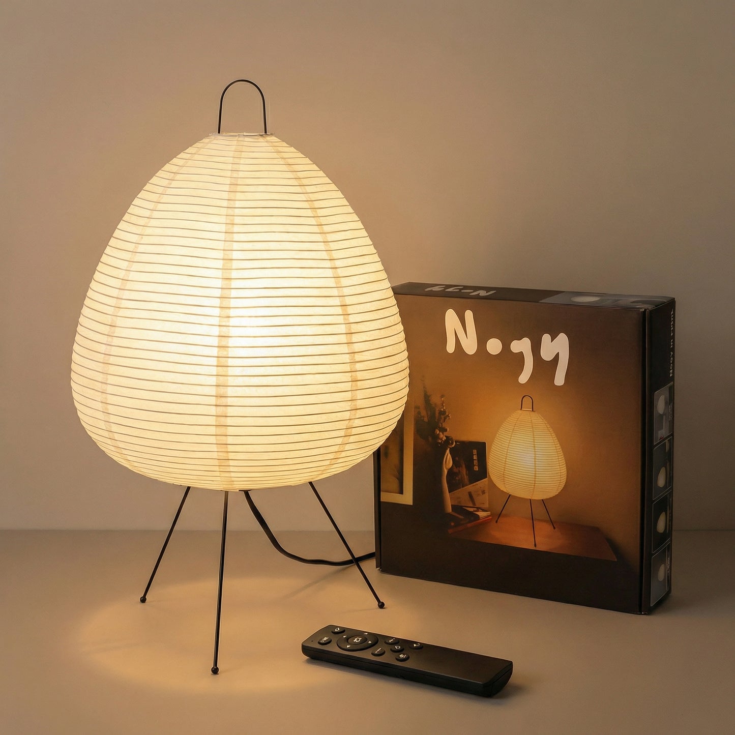 Noguchi Akari style Japanese paper table lamp with soft warm light
